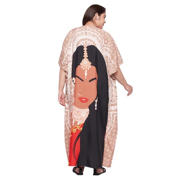 Women Plus Size Fit and Flare Tribal Printed Beige Kaftan Dress by Gypsie Blu - Picture 5 of 7